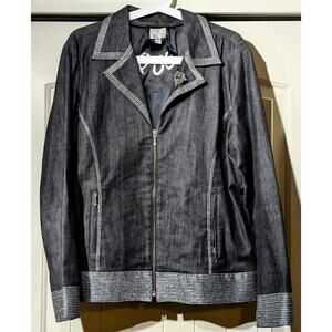 Chico's LOVE Gray/Silver  Denim Zip Front Top Stitch Embellished Jean Sz XL